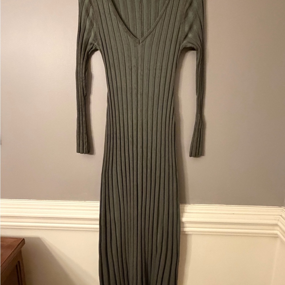 Long Sleeve Ribbed Knit Dress - Olive - Picture 2 of 8